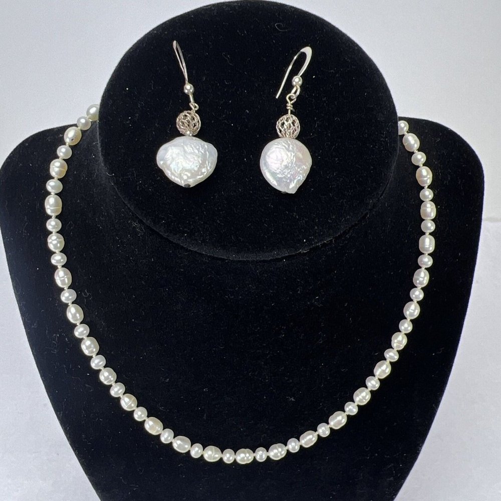 Vintage Rice Pearl Necklace 20" and Blister Pearl Earrings Wedding